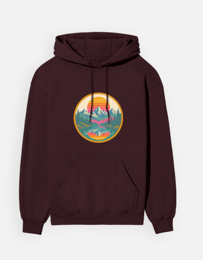 Retro Sunset Badge hoodie in Maroon – circular retro sunset badge with mountains, pines and lake front print, front view, Bonzo Peter's