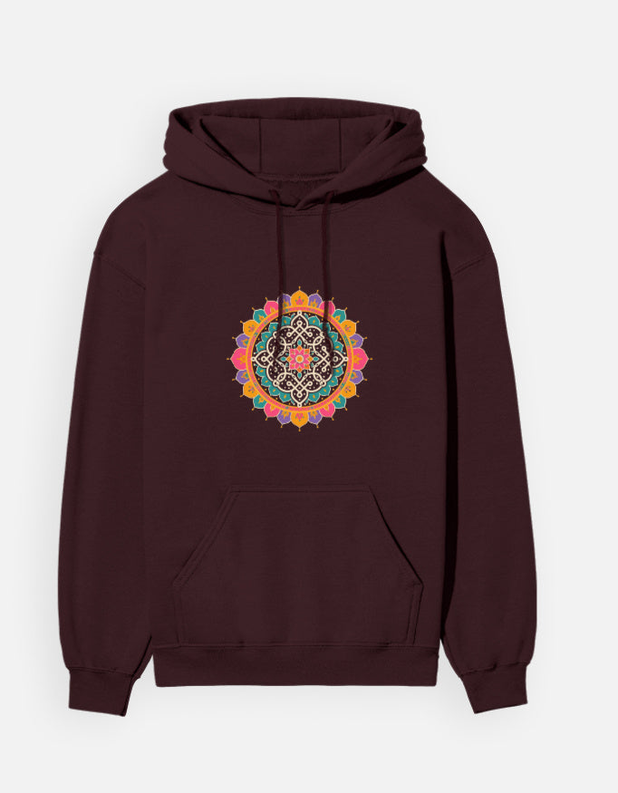 Kolam Mandala hoodie in Maroon – kolam mandala print on the chest, front view, Bonzo Peter's
