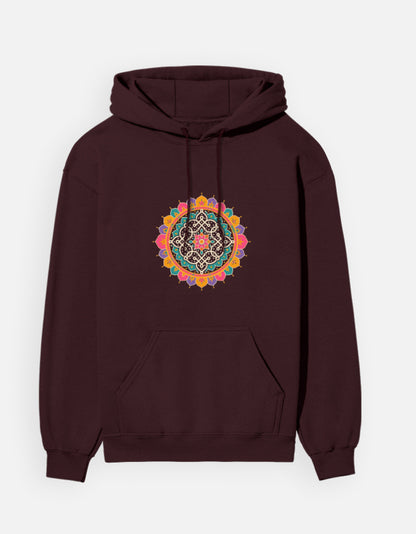 Kolam Mandala hoodie in Maroon – kolam mandala print on the chest, front view, Bonzo Peter's