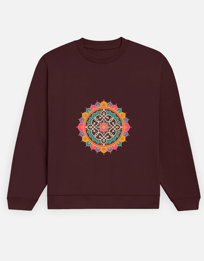 Kolam Mandala sweatshirt in Maroon – kolam mandala print on the chest, front view, Bonzo Peter's