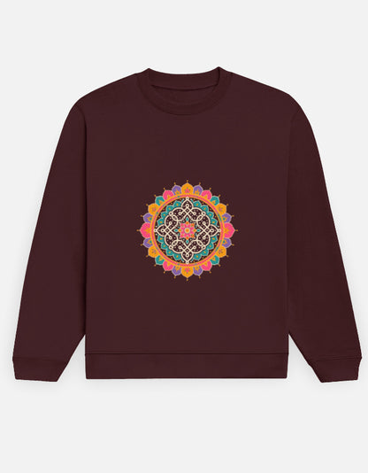 Kolam Mandala sweatshirt in Maroon – kolam mandala print on the chest, front view, Bonzo Peter's