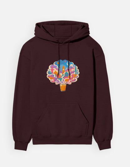 Chai City hoodie in Maroon – cutting chai glass with steam forming an Indian cityscape front print, front view, Bonzo Peter's