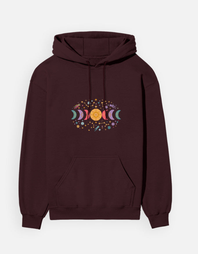 Moon Phase hoodie in Maroon – row of moon phases with constellations and snowflakes front print, front view, Bonzo Peter's