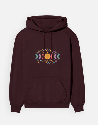 Moon Phase hoodie in Maroon – row of moon phases with constellations and snowflakes front print, front view, Bonzo Peter's