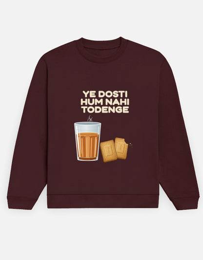 Ye Dosti Hum Nahi Todenge sweatshirt in Maroon – cutting chai and biscuits front print, front view, Bonzo Peter's