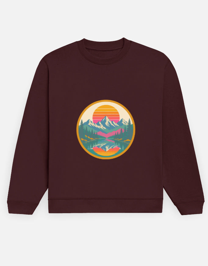 Retro Sunset Badge sweatshirt in Maroon – circular retro sunset badge with mountains, pines and lake front print, front view, Bonzo Peter's