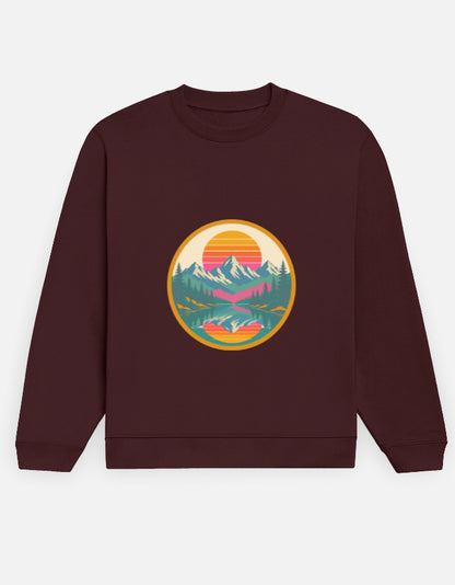 Retro Sunset Badge sweatshirt in Maroon – circular retro sunset badge with mountains, pines and lake front print, front view, Bonzo Peter's