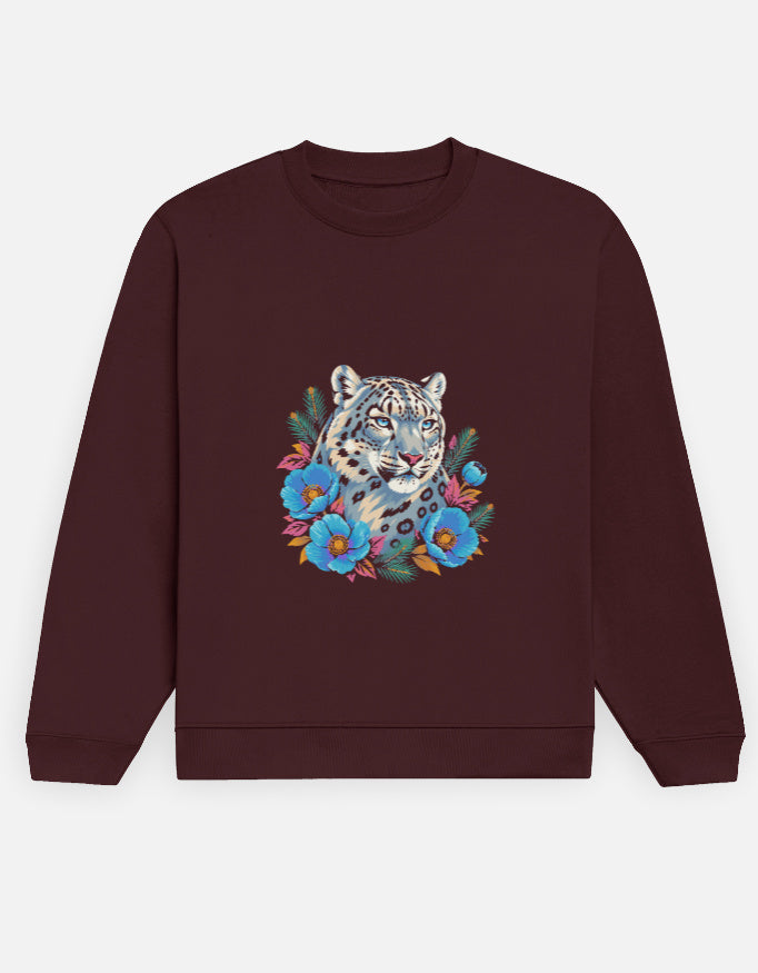Snow Leopard sweatshirt in Maroon – snow leopard head with blue Himalayan poppies front print, front view, Bonzo Peter's