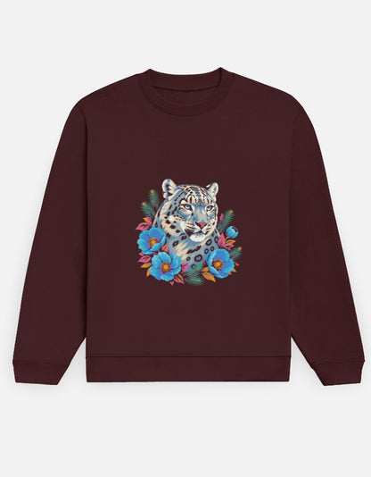 Snow Leopard sweatshirt in Maroon – snow leopard head with blue Himalayan poppies front print, front view, Bonzo Peter's