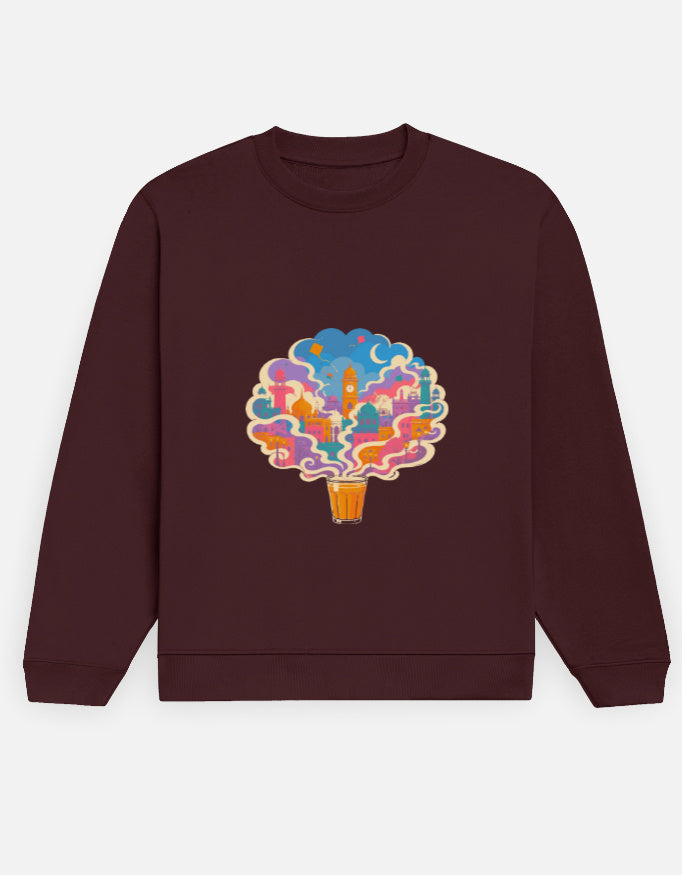 Chai City sweatshirt in Maroon – cutting chai glass with steam forming an Indian cityscape front print, front view, Bonzo Peter's