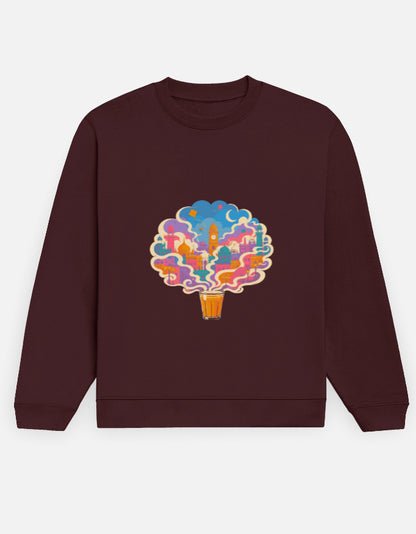 Chai City sweatshirt in Maroon – cutting chai glass with steam forming an Indian cityscape front print, front view, Bonzo Peter's