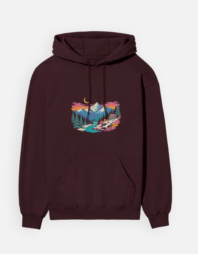 Himalayan Dusk hoodie in Maroon – snow-capped Himalayan peaks at dusk front print, front view, Bonzo Peter's