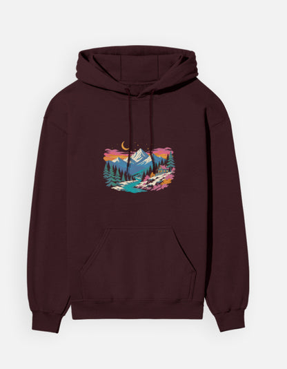 Himalayan Dusk hoodie in Maroon – snow-capped Himalayan peaks at dusk front print, front view, Bonzo Peter's