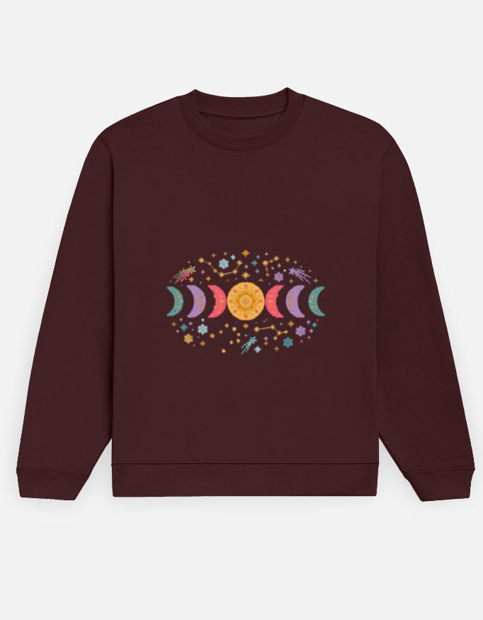 Moon Phase sweatshirt in Maroon – row of moon phases with constellations and snowflakes front print, front view, Bonzo Peter's
