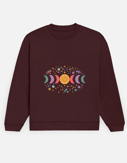 Moon Phase sweatshirt in Maroon – row of moon phases with constellations and snowflakes front print, front view, Bonzo Peter's