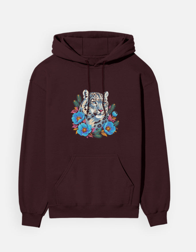 Snow Leopard hoodie in Maroon – snow leopard head with blue Himalayan poppies front print, front view, Bonzo Peter's