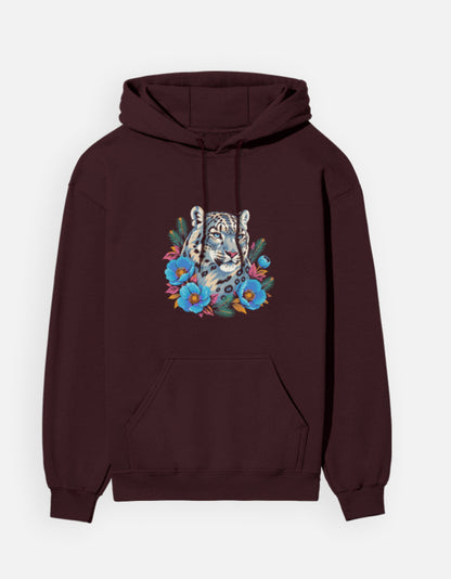 Snow Leopard hoodie in Maroon – snow leopard head with blue Himalayan poppies front print, front view, Bonzo Peter's