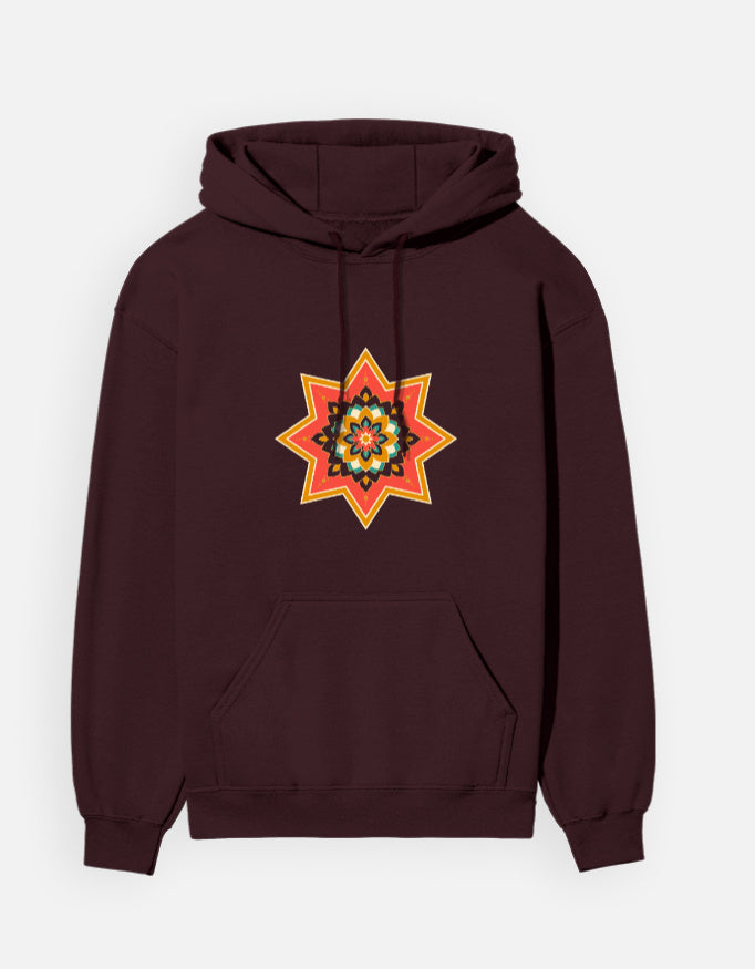 Ajrakh Star hoodie in Maroon – eight-point Ajrakh star print on the chest, front view, Bonzo Peter's