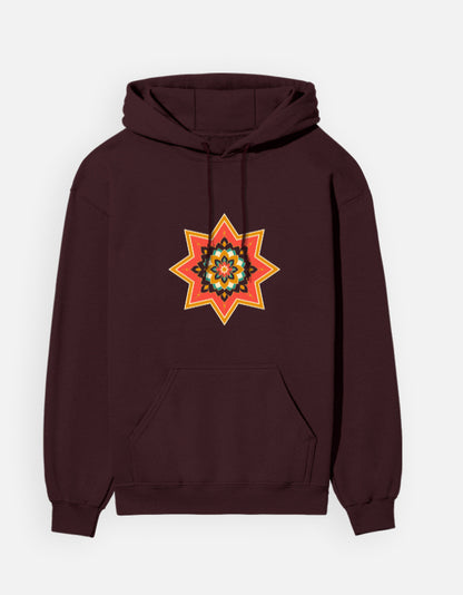 Ajrakh Star hoodie in Maroon – eight-point Ajrakh star print on the chest, front view, Bonzo Peter's