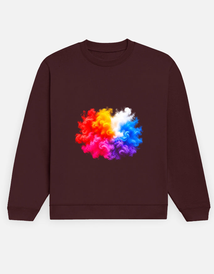 Colour Smoke sweatshirt in Maroon – Holi-style multicolour smoke burst front print, front view, Bonzo Peter's