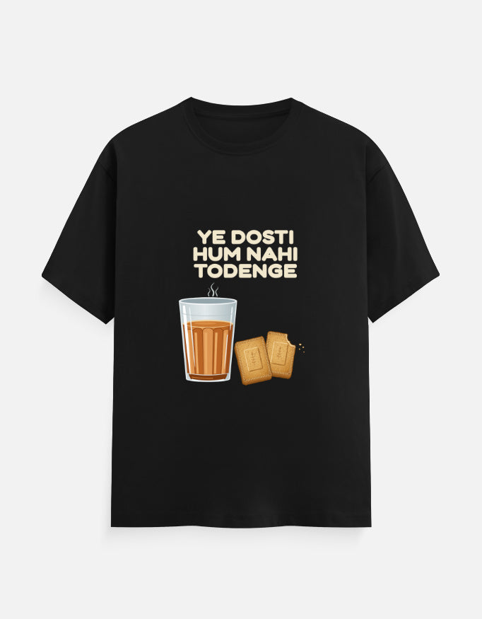 Ye Dosti Hum Nahi Todenge unisex T-shirt in Black – cutting chai and biscuits front print, front view, Bonzo Peter's
