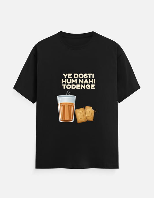 Ye Dosti Hum Nahi Todenge unisex T-shirt in Black – cutting chai and biscuits front print, front view, Bonzo Peter's