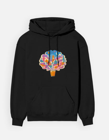 Chai City hoodie in Black – cutting chai glass with steam forming an Indian cityscape front print, front view, Bonzo Peter's
