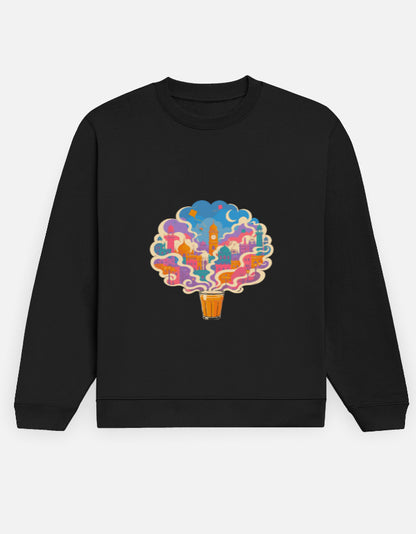 Chai City sweatshirt in Black – cutting chai glass with steam forming an Indian cityscape front print, front view, Bonzo Peter's