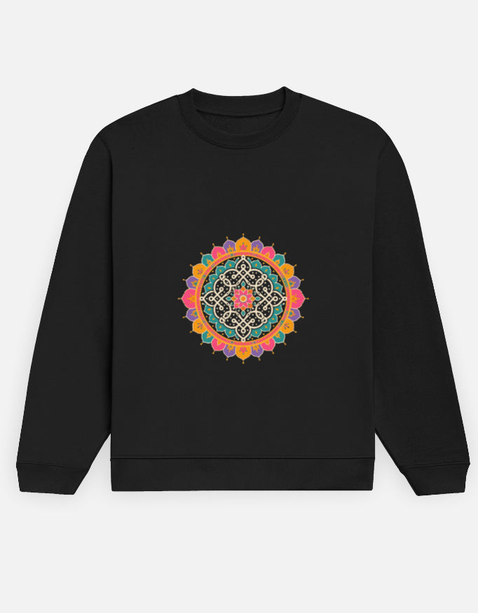 Kolam Mandala sweatshirt in Black – kolam mandala print on the chest, front view, Bonzo Peter's