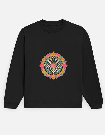Kolam Mandala sweatshirt in Black – kolam mandala print on the chest, front view, Bonzo Peter's