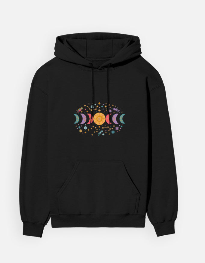 Moon Phase hoodie in Black – row of moon phases with constellations and snowflakes front print, front view, Bonzo Peter's