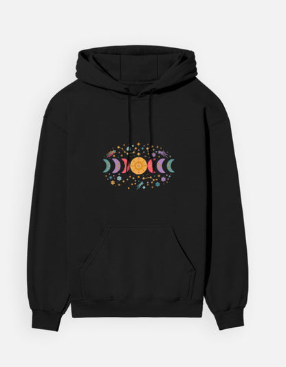 Moon Phase hoodie in Black – row of moon phases with constellations and snowflakes front print, front view, Bonzo Peter's