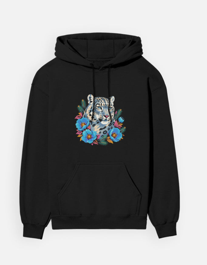 Snow Leopard hoodie in Black – snow leopard head with blue Himalayan poppies front print, front view, Bonzo Peter's