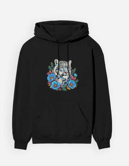 Snow Leopard hoodie in Black – snow leopard head with blue Himalayan poppies front print, front view, Bonzo Peter's