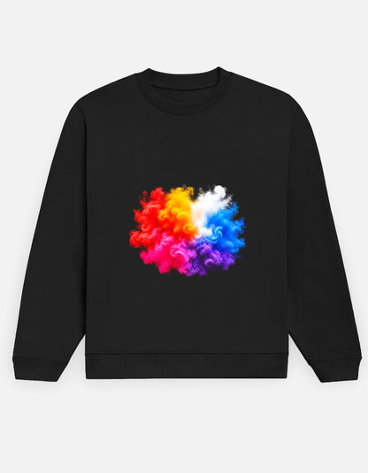 Colour Smoke sweatshirt in Black – Holi-style multicolour smoke burst front print, front view, Bonzo Peter's