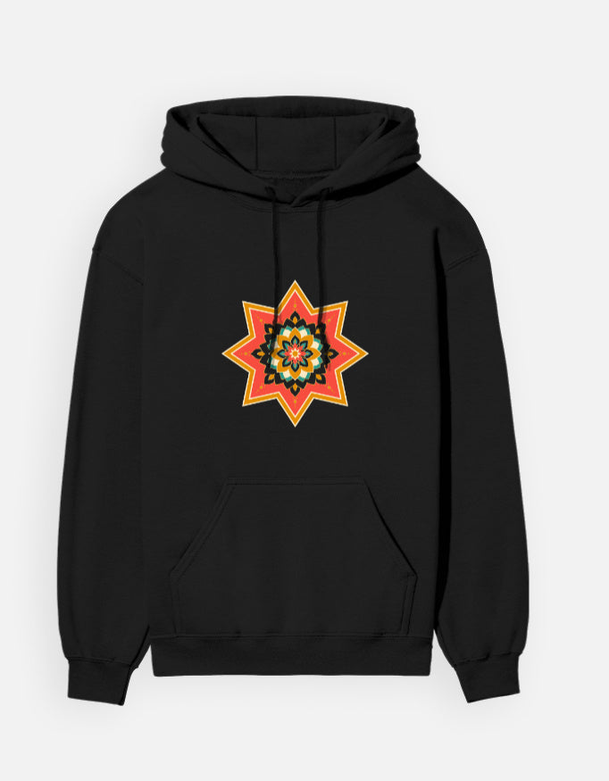 Ajrakh Star hoodie in Black – eight-point Ajrakh star print on the chest, front view, Bonzo Peter's
