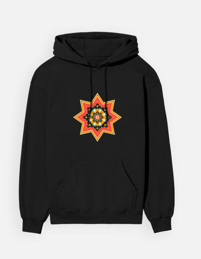 Ajrakh Star hoodie in Black – eight-point Ajrakh star print on the chest, front view, Bonzo Peter's