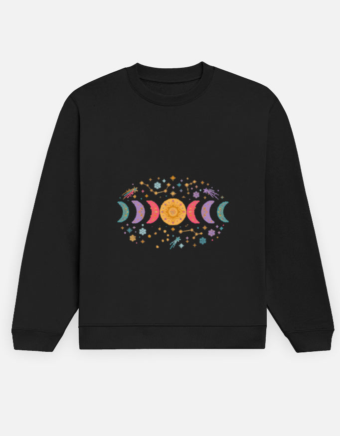 Moon Phase sweatshirt in Black – row of moon phases with constellations and snowflakes front print, front view, Bonzo Peter's