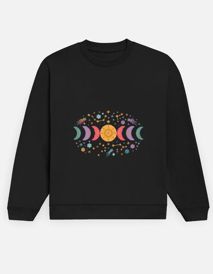 Moon Phase sweatshirt in Black – row of moon phases with constellations and snowflakes front print, front view, Bonzo Peter's