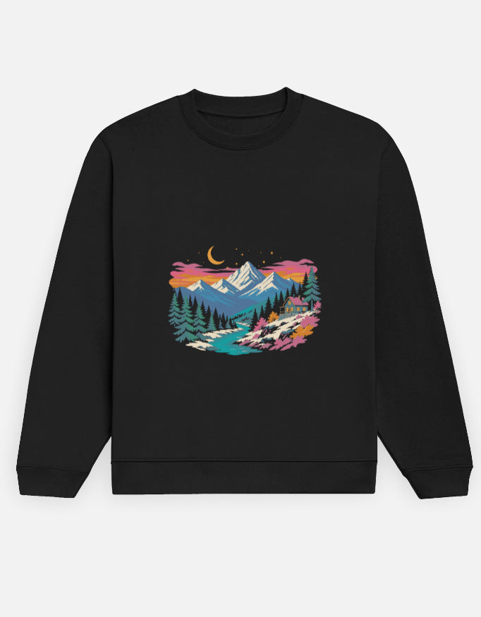 Himalayan Dusk sweatshirt in Black – snow-capped Himalayan peaks at dusk front print, front view, Bonzo Peter's