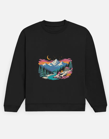 Himalayan Dusk sweatshirt in Black – snow-capped Himalayan peaks at dusk front print, front view, Bonzo Peter's