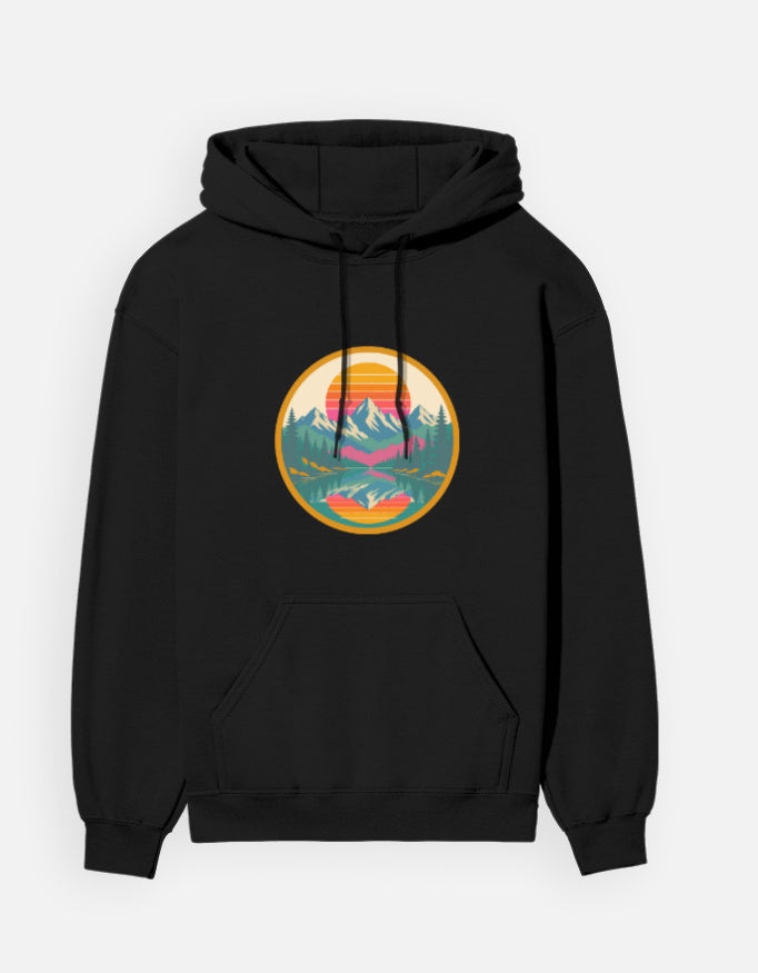 Retro Sunset Badge hoodie in Black – circular retro sunset badge with mountains, pines and lake front print, front view, Bonzo Peter's