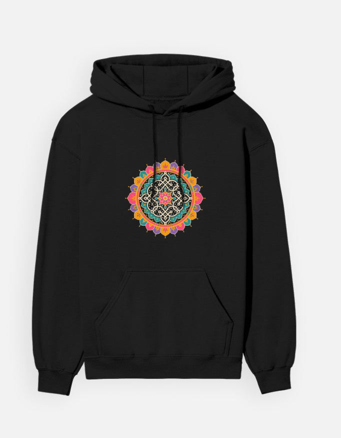 Kolam Mandala hoodie in Black – kolam mandala print on the chest, front view, Bonzo Peter's