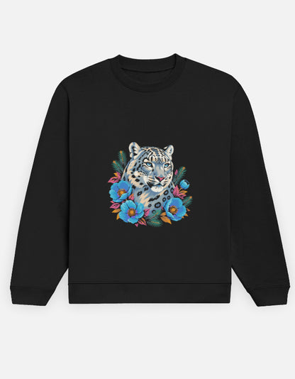 Snow Leopard sweatshirt in Black – snow leopard head with blue Himalayan poppies front print, front view, Bonzo Peter's