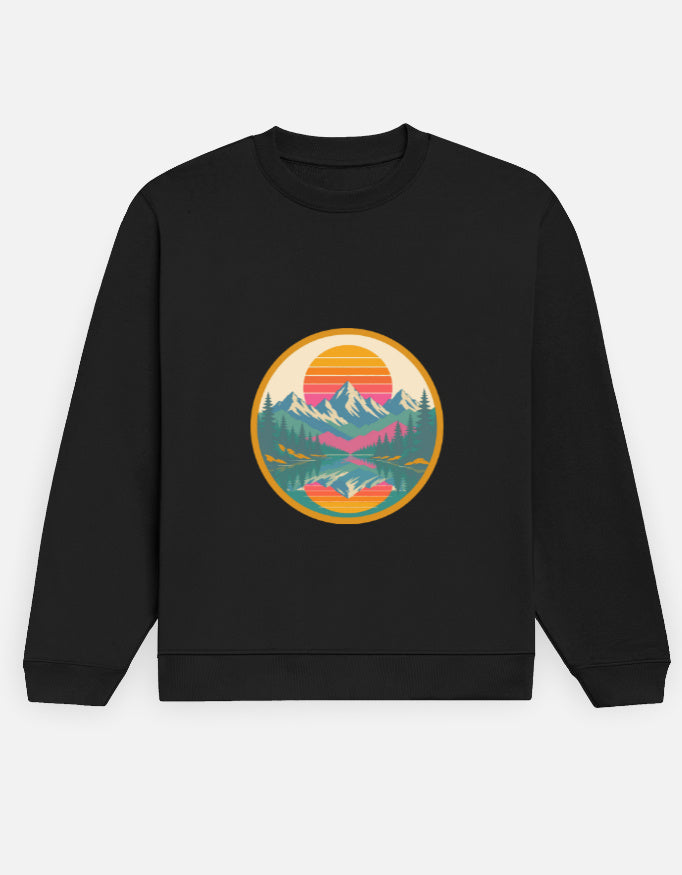 Retro Sunset Badge sweatshirt in Black – circular retro sunset badge with mountains, pines and lake front print, front view, Bonzo Peter's