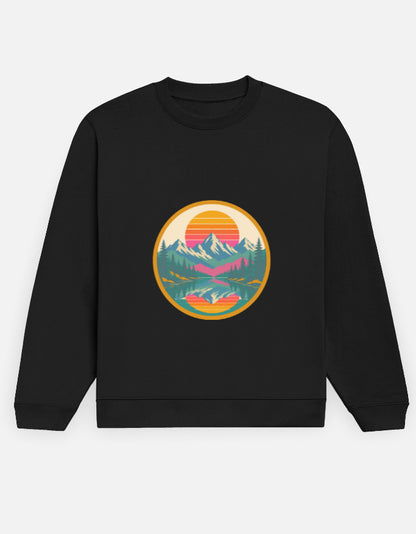 Retro Sunset Badge sweatshirt in Black – circular retro sunset badge with mountains, pines and lake front print, front view, Bonzo Peter's