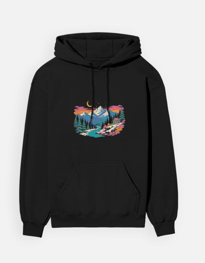 Himalayan Dusk hoodie in Black – snow-capped Himalayan peaks at dusk front print, front view, Bonzo Peter's