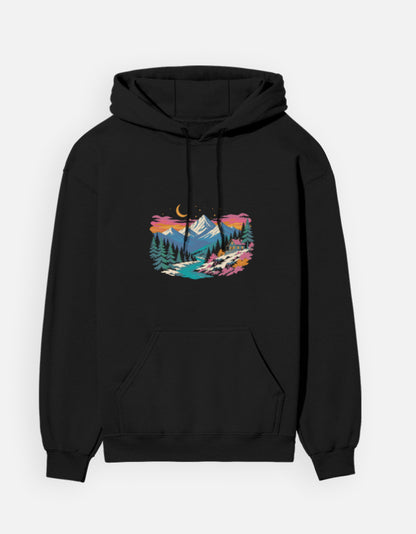 Himalayan Dusk hoodie in Black – snow-capped Himalayan peaks at dusk front print, front view, Bonzo Peter's