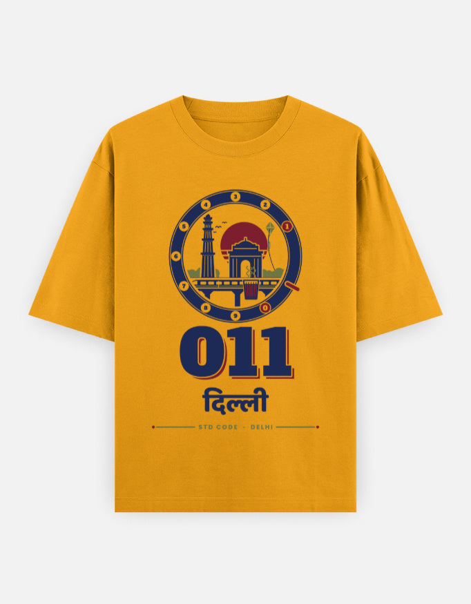 011 Dilli oversized cotton T-shirt in Golden Yellow – 011 दिल्ली Delhi STD code front print, Bonzo Peter's