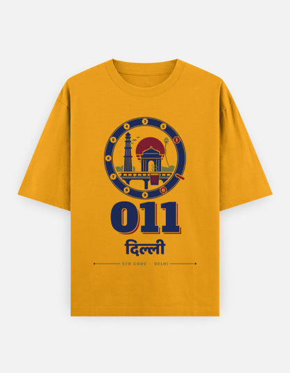 011 Dilli oversized cotton T-shirt in Golden Yellow – 011 दिल्ली Delhi STD code front print, Bonzo Peter's